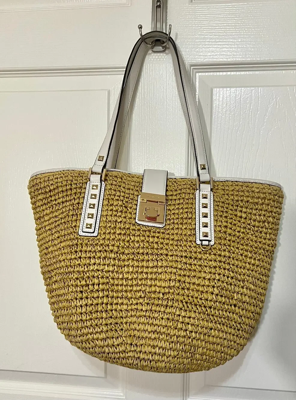 Michael Kors Beachy Casual Raffia White Leather Shoulder Bag Tote Handbag